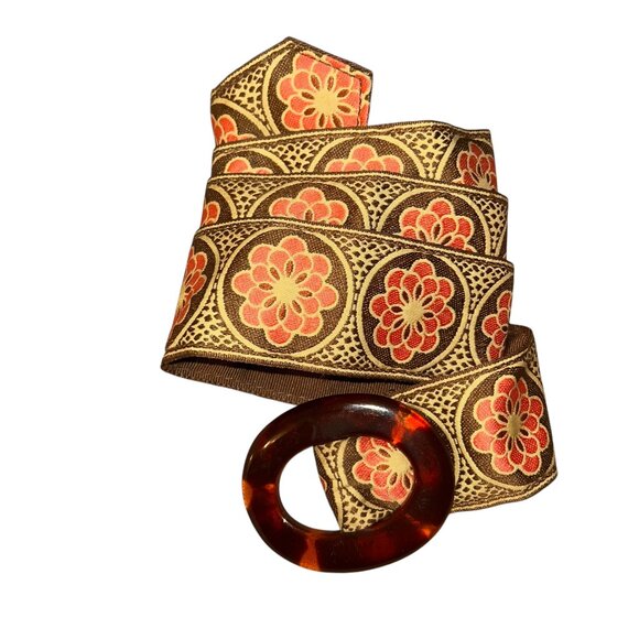 Silk embroidered brown khaki coral flowers grosgrain tortoise belt buckle XL 40 - Picture 1 of 3